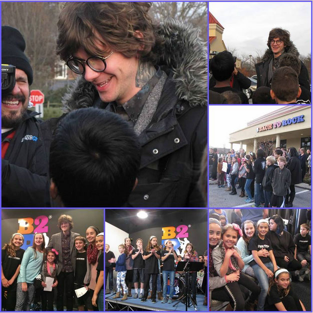 Matt McAndrew, standout contestant on The Voice, visits with former students at the Bach to Rock franchise school in Wayne, Pennsylvania, in early December.